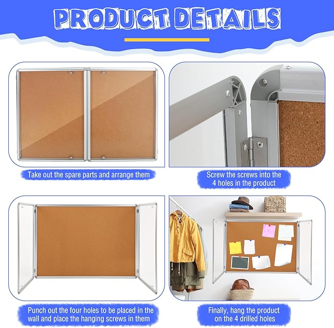 2 Pack Enclosed Bulletin Board 48" x 36" Weather Resistant Lockable Enclosed Cork Case Display Noticeboard Wall Mounted 2 Locking Door Aluminum Frame for School Classroom Office, 12xa4, Brown