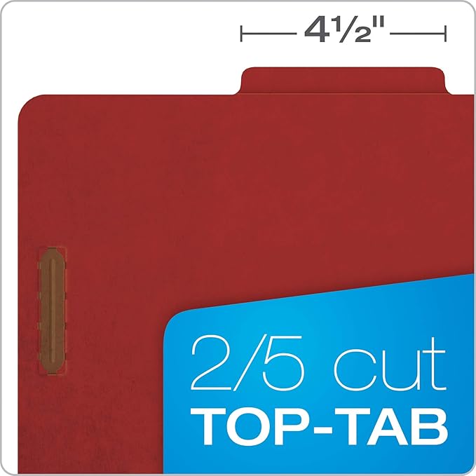Pendaflex Recycled Classification File Folders, 2 Dividers, 2" Embedded Fasteners, 2/5 Tab Cut, Letter Size, Red (24075R), Specialty, Box of 10