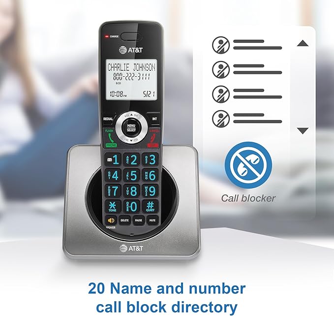 AT&T GL2101-4 DECT 6.0 4-Handset Cordless Home Phone with Call Block, Caller ID, Full-Duplex Handset Speakerphone, 2" White Backlit Display, Lighted Keypad (Graphite & Black)