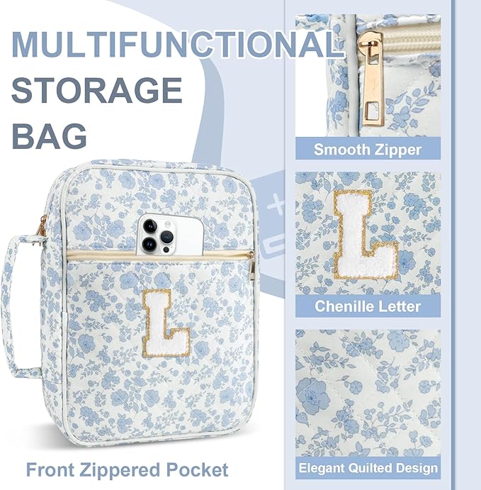 Personalized Initial Bible Cover Case for Women Girls Kid - Large Quilted Bible Case with Handle, Stylish Chenille Letter Bag Study Supplies, Perfect Christmas Gifts for Christians (Blue Flower-L)