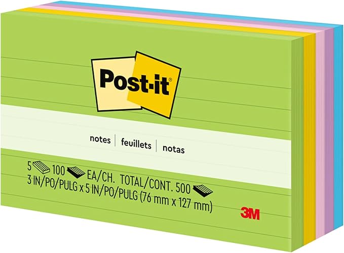 Post-it Notes, 3 in x 5 in, 5 Lined Sticky Notes Pads, 100 Sheets per Pad, Floral Fantasy Collection, School Supplies and Oﬃce Products