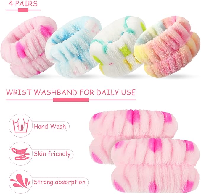 Chuangdi 4 Pairs Wrist Bands for Washing Face Wrist Spa Microfiber Wash Towel Band Scrunchies Absorbent Wristbands Sweatband for Women Prevent Liquid from Spilling