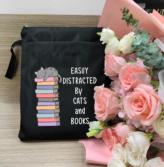 Book Sleeve, Book Covers with Zipper, Funny Cat & Book for Book Lovers, Gifts for Women Teacher Librarian Bookworm Bookish- Easily Distracted by Cats and Books (Black-D, Large)