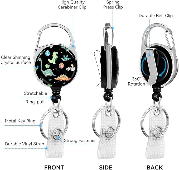 Cute Dinosaur Badge Holder with Retractable Reel and Breakaway Lanyard，Badge Clips Retractable Heavy Duty Badge Reel，Keychain，ID Holder with Breakaway Lanyard for School Nurse Office Teen