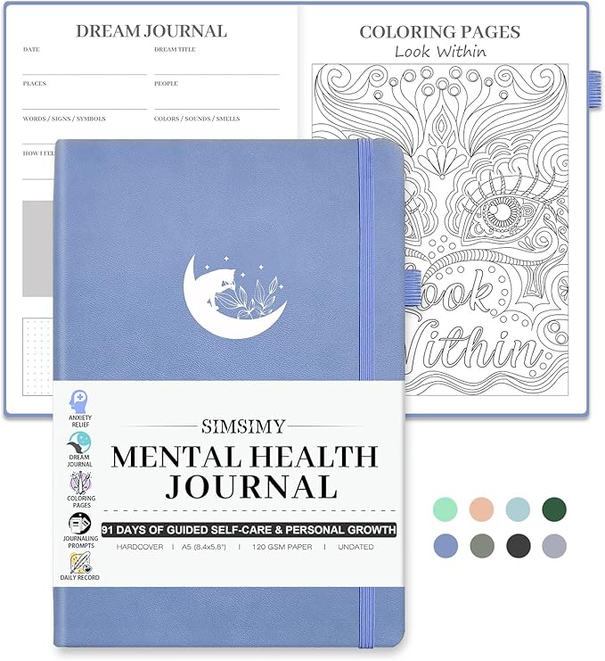 Mental Health Journal, 91-Day Self Care Journal for Women Men, Guided Anxiety & Stress Relief Journal with Mood Tracker, Cognitive Behavioral Therapy Journaling with Mental Health Coloring Pages & Dream Log