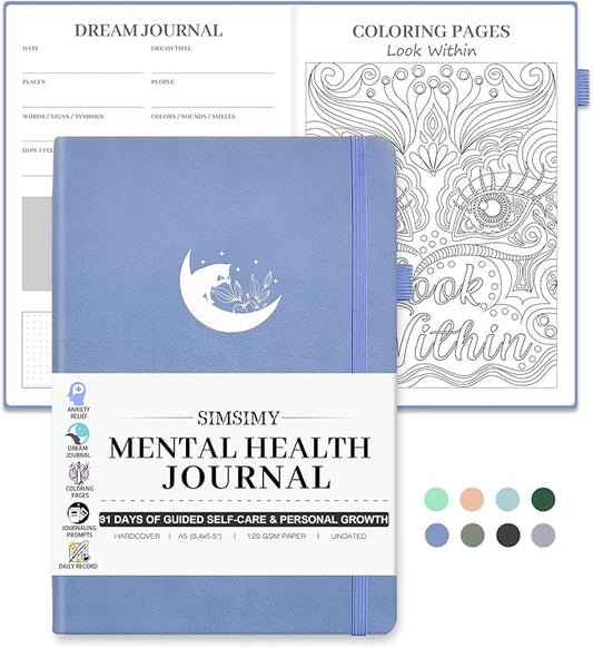 Mental Health Journal, 91-Day Self Care Journal for Women Men, Guided Anxiety & Stress Relief Journal with Mood Tracker, Cognitive Behavioral Therapy Journaling with Mental Health Coloring Pages & Dream Log