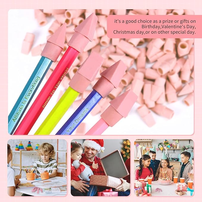 400PCS Pencil Top Eraser Bulk Caps for Pencils,Chisel Shape Erasers Toppers Assorted Colors for Party Favors Games Prizes, Pencil Top Erasers Cap for Home School Classroom Office, Pink
