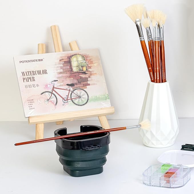 DUGATO Artist Fan Paint Brush Set of 9, White Hog Bristle Natural Hair Anti-Shedding Brush Tips, Long Wooden Handle for Comfortable Holding, Great for Acrylic Watercolor Oil Painting