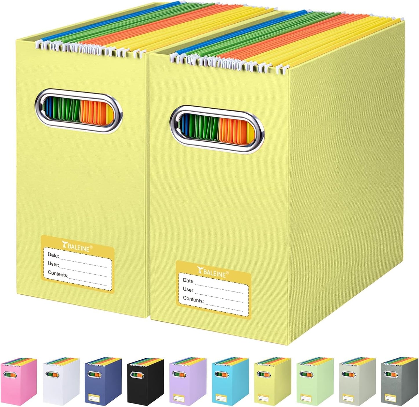 BALEINE File Organizer Box, Cardboard File Folder Organizer with Handle for Letter Size, Portable Collapsible Hanging Filing Box for Home Office Document Storage (2 Pack, Yellow)