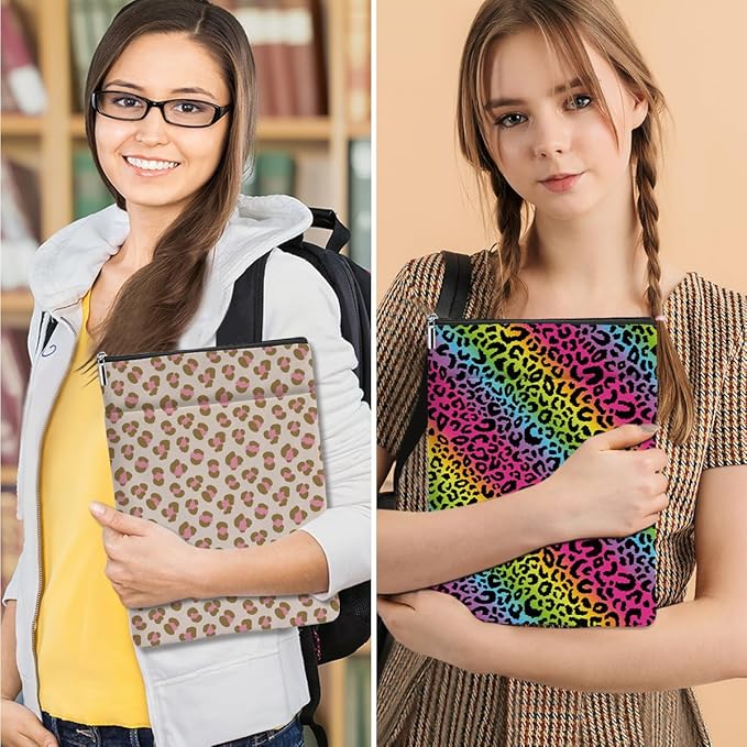 2 Pack Rainbow Leopard Print Book Sleeve, Books Protector，Books Pouch， Book Lovers Gifts，Bookish Gifts Waterproof Cover with Zipper，Leopard Decor Gift Bag for Women Girls Manager Christmas