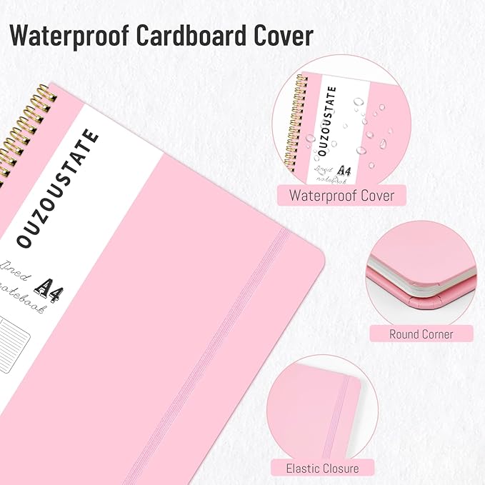 Spiral Notebook 8.5" x 11", A4 Lined Pink Hardcover College Ruled Notebook for Work, 120 Pages 100GSM Large Thick Spiral Writing Journal for Women & Men