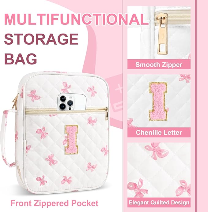 Personalized Initial Bible Cover Case for Women Girls Kid - Large Quilted Bible Case with Handle, Stylish Chenille Letter Bag Study Supplies, Perfect Christmas Gifts for Christians Women (Pink Bow-I)