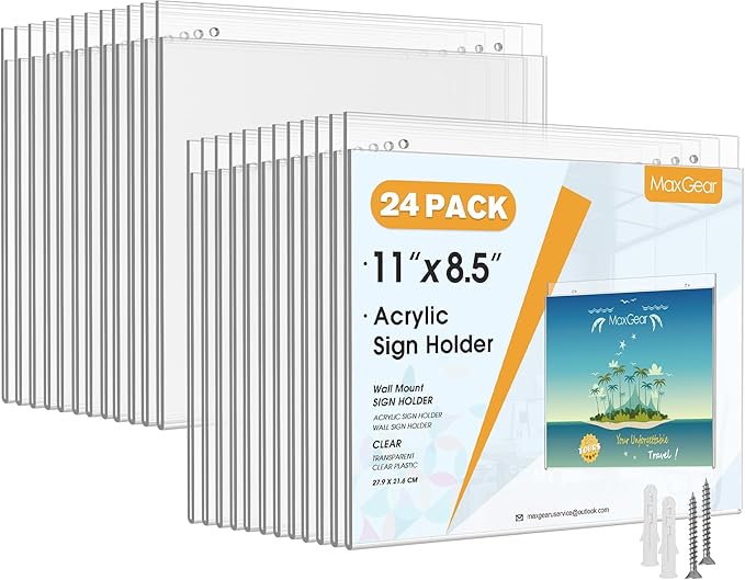 MaxGear Wall Mount Sign Holder 8.5x11, Acrylic Wall Sign Holder with Mounting Screws, Plastic Clear Plastic Picture Frames for Home, Office, Store, Restaurant, Landscape (24 Pack)