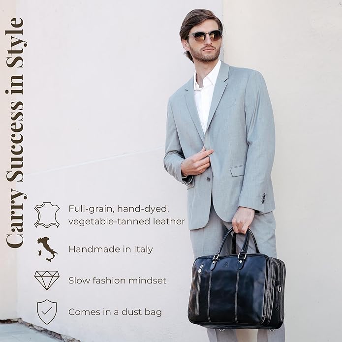 Time Resistance Leather Laptop Briefcase - Full Grain Leather Computer Bag for Men and Women
