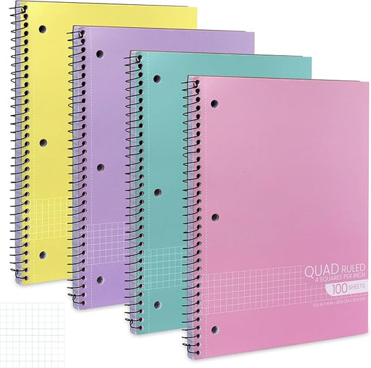 Graph Paper Spiral Notebook - Graph Paper Notebook, Quad Ruled Grid Notebooks, Perforated Pages - 10.5 X 8 Inches - 1 Subject Wirebound Notebook - Assorted Colors - 100 Sheets per Book - (4 Pack)