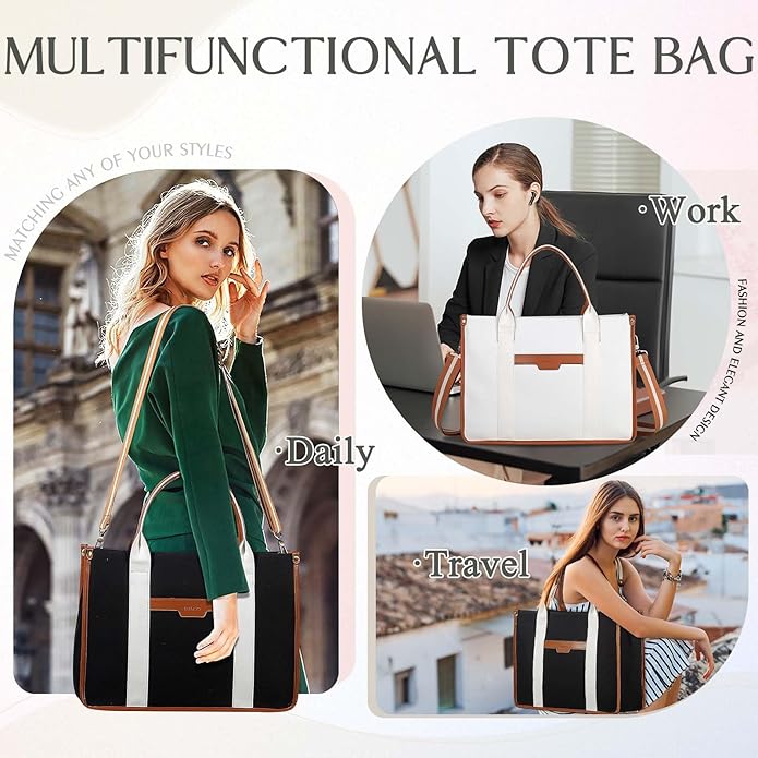 RAVUO Laptop Tote Bag Women, Water Resistant 15.6 Inch Large Canvas Handbag Business Briefcase With Detachable Shoulder Strap