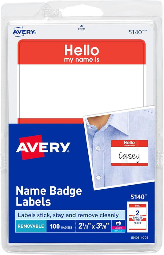 Avery Hello My Name is Name Tags, White with Red Border, 100 Removable Name Badges (05140)
