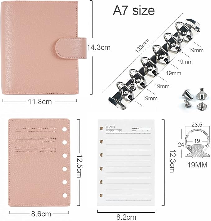 Moterm Pocket Regular Rings Planner - Genuine Leather Binder Organizer (Pebbled-Dusty Rose, 19mm Ring)