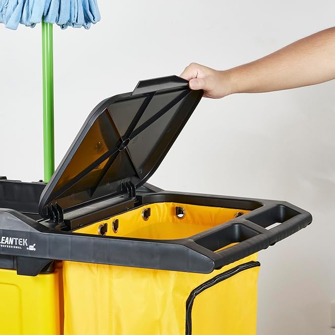 Restaurantware-Clean Tek Professional 3-Shelf Janitor Cart with Wheels, 1 Cleaning Trolley with Cover and 21 Gallon Bag - Includes 1 Double Locking Cabinet, Heavy-Duty, Gray Plastic Janitorial Cart