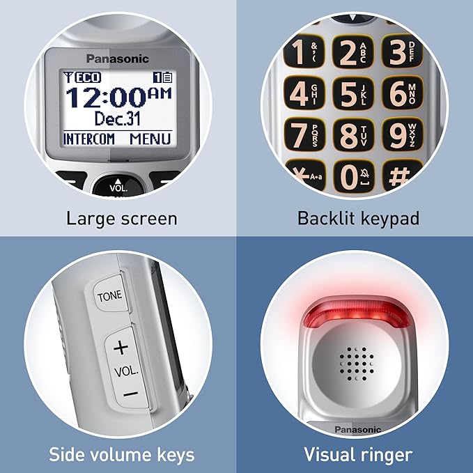 Panasonic Amplified Cordless Phone with Slow Talk, 50dB Volume Boost, 112dB Lound Visual Ringer, Hearing Aid Compatibility, Large Screen and Backlit Keypad - KX-TGM450S - 1 Handset (Silver)