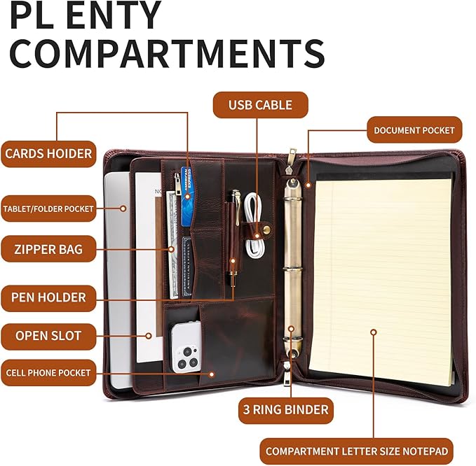 YIWEN Handmade Crazy-Horse Leather 3 Ring Binder Portfolio Padfolio Folder with Zipper for Men and Women, Business Organizer for Letter A4 Size for Meeting and Travel (Custom, Oil Wax-Dark Brown)