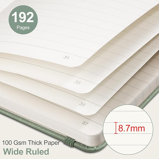 AHGXG Wide Ruled Notebook for School - Lined Journal for Women Men, 192 Numbered Pages, 100 GSM Thick Paper, A5 Hardcover Leather Notebook for Work, Writing, 5.7"×8.3" - Sage Green