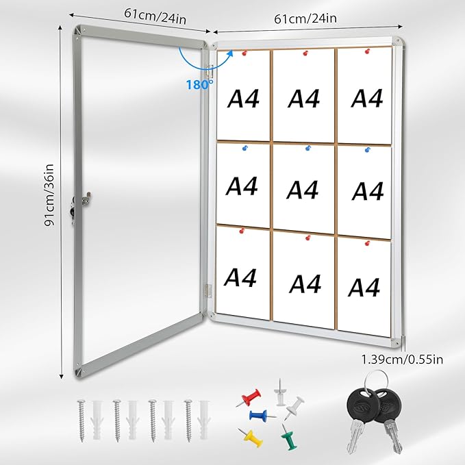 Magula 36"x24" Enclosed Cork Bulletin Board Tamper-Proof Dispaly Case, Aluminium Frame, Shatter Resistant Lockable Bulletin Board, Enclosed Cork Board for School, Office, Commercial, Hospital etc