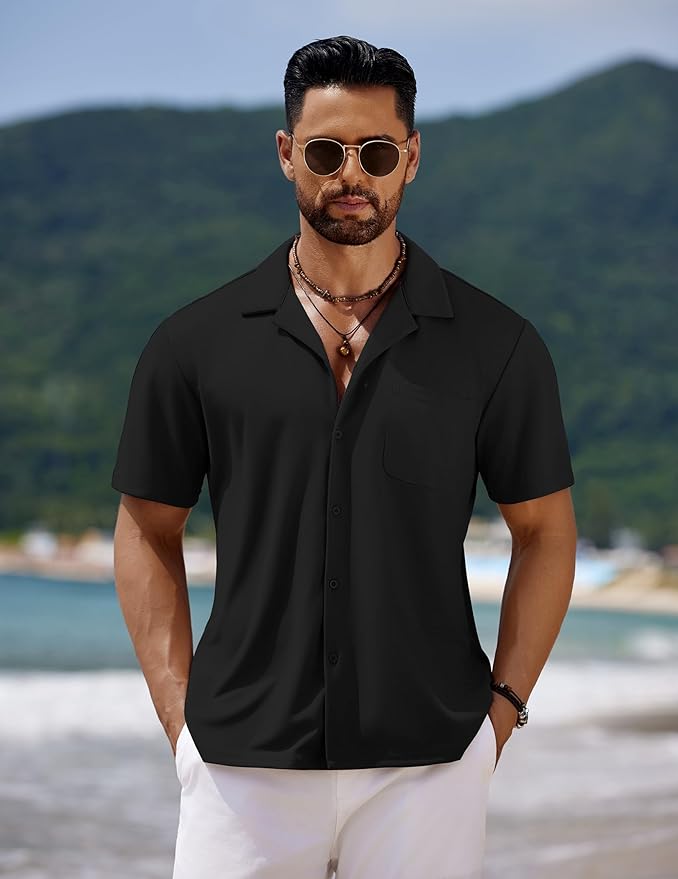 COOFANDY Men's Casual Cuban Guayabera Shirt Short Sleeve Button Down Shirts Summer Beach Shirts Vocation Vintage Shirts
