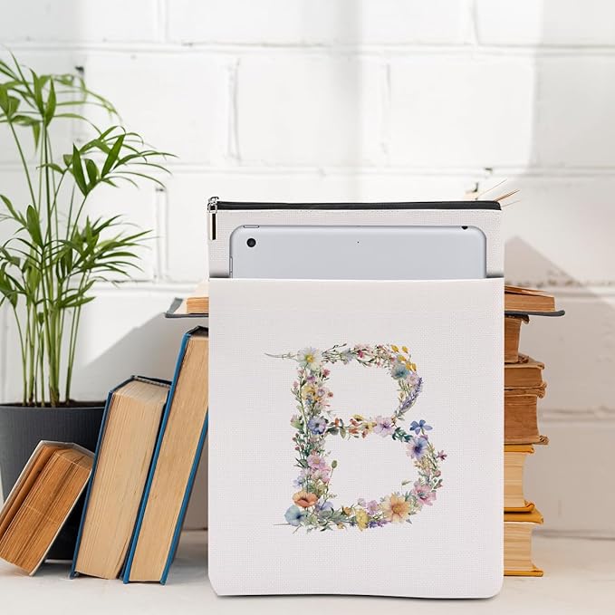 Monogrammed Book Sleeve Floral B Initial Book Pouch Book Accessories Book Lovers Gifts Waterproof Book Cover Book Protector Bookish Gifts Personalized Gifts for Women Girls Readers Bride Teacher