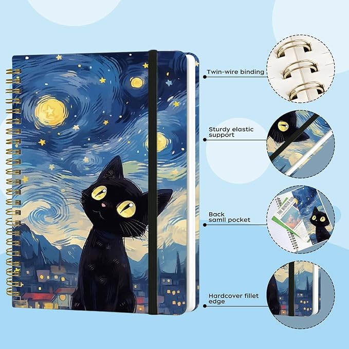 Spiral Notebook - A5 Spiral Notebooks, 8.3'' × 5.8'', 160 Pages, Aesthetic Journaling Notebooks for Women, College Lined Notebook with Elastic Closure, Back Pocket, for School Office, Cat Sky