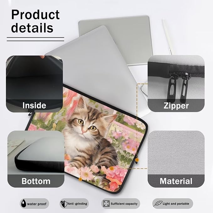 Cat Rose Printed Laptop Bag for Women Men, Lightweight Laptop Briefcase 10 Inch Shockproof Computer Carrying Cover with Zipper, Easy to Carry Laptop Case Bag for Daily Commuting