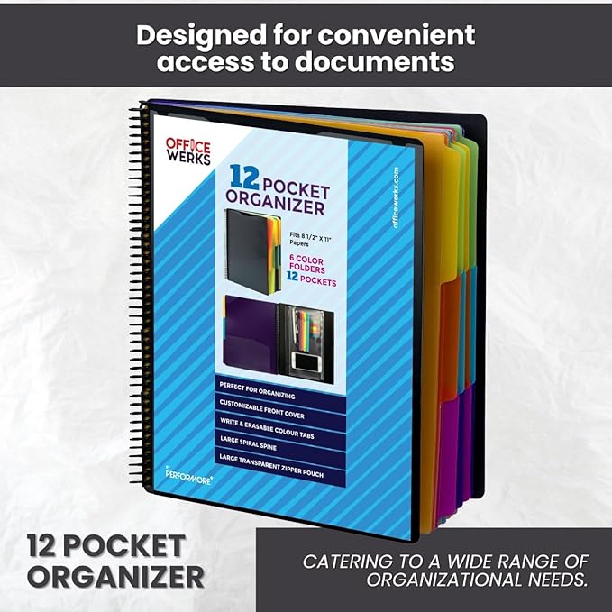 Performore - 12 Pocket Spiral Subject Organizer with 6 Dividers, Folder Organizer Binder with Front Cover Pocket and Customizable Cover, Erasable Write On Tabs for Documents Files Projects