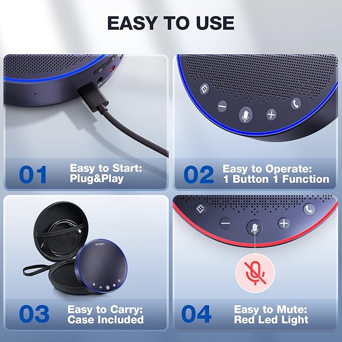 EMEET Bluetooth Speakerphone M3, Zoom Certified 4 AI Mics 360°Voice Pickup 18H Talk Time Conference Speaker and Microphone, USB/Bluetooth Conference Speaker w/Daisy Chain for 20 People for Zoom Teams