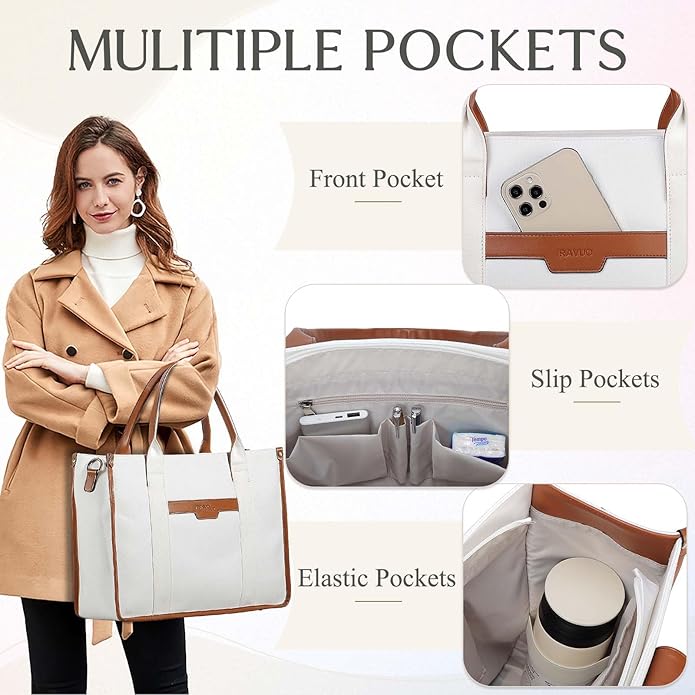 RAVUO Laptop Tote Bag Women, Water Resistant 15.6 Inch Large Canvas Handbag Business Briefcase With Detachable Shoulder Strap