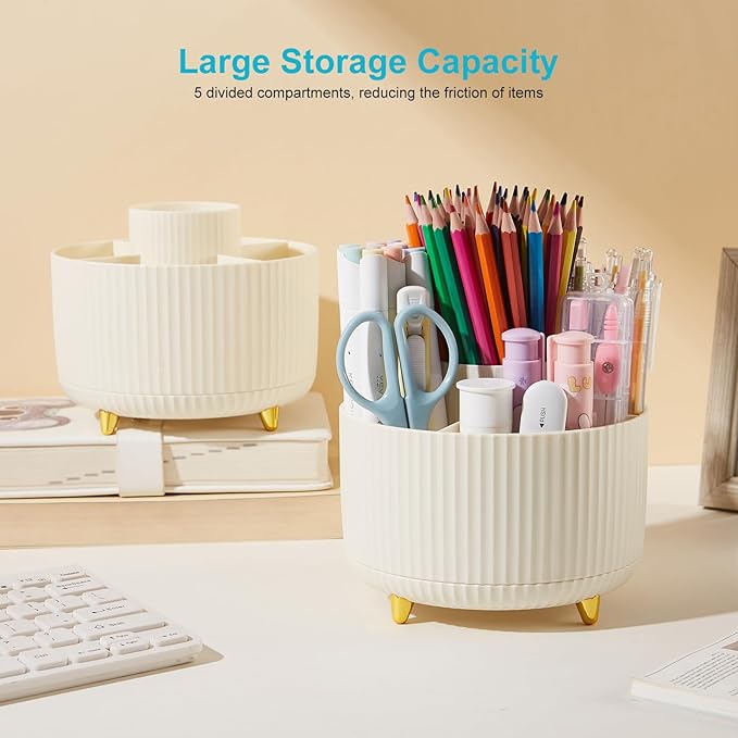 Desk Pencil Pen Holder, 5 Slots 360 Degree Rotating Pencil Pen Organizers for Desk Desktop Storage Stationery Supplies Organizer Cute Pen Cup for Office School Home Art Supply Cream Yellow