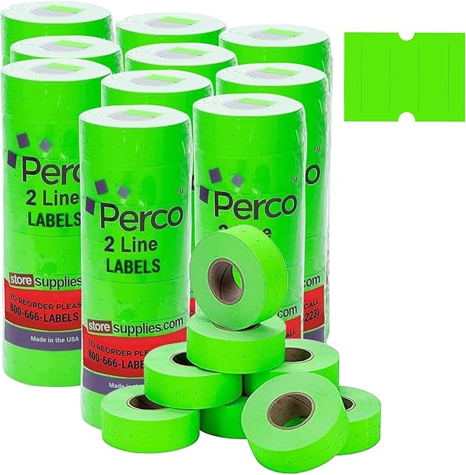Perco 2 Line Fluorescent Green Labels - 80 Rolls, 10 Sleeves, 80,000 Blank Price and Date Gun Labels for Perco 2 Line Price and Date Guns - Made in USA