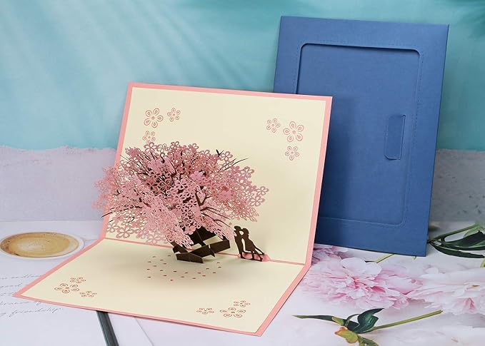 PENTA ANGEL Handmade Cherry Blossom Card Pop Up 3D Flower Card Romantic Love Letter Greeting Anniversary Wedding Valentine Birthday Gift Card Blank Stationery Paper Card for Her Him Husband Wife