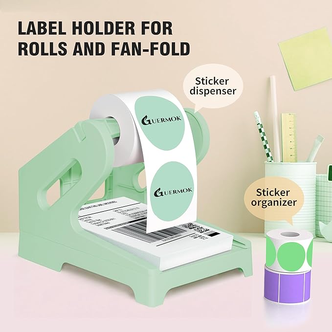Guermok Thermal Shipping Label Holder for Rolls & Fan-Fold, Fragile Stickers for Shipping, Label Stand Desktop Printer Holder-Home Office Accessory Sticker Dispenser for Holographic (Green)