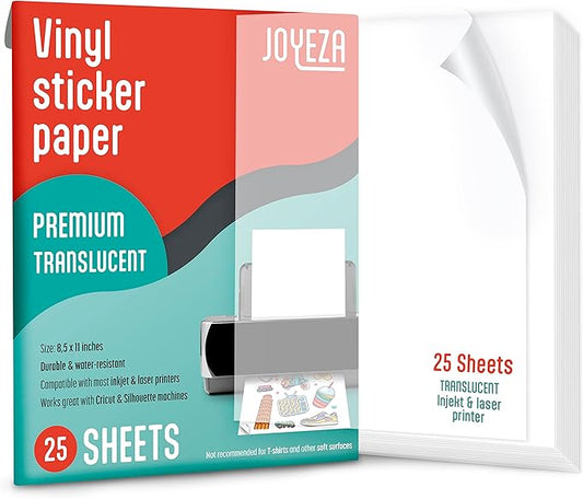 JOYEZA Premium Printable Vinyl Clear Sticker Paper for Inkjet Printer - 25 Sheets Translucent Waterproof, Dries Quickly Vivid Colors, Holds Ink Well - Inkjet & Laser Printer