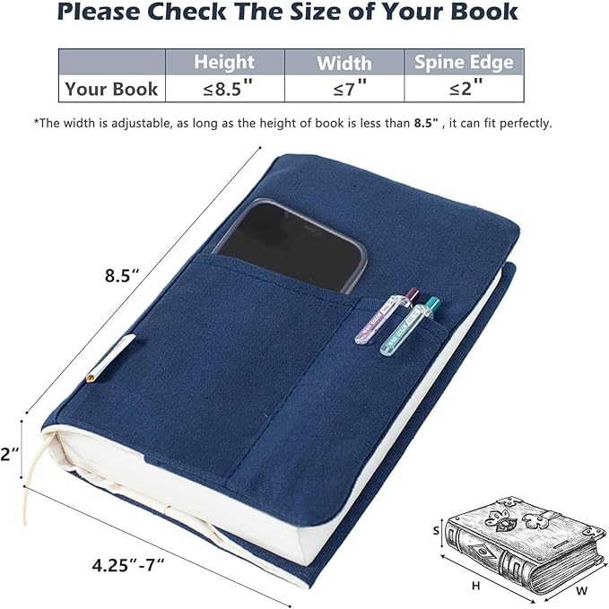 Canvas Book Covers, Washable Book Protector, Book Cover for Paperback Novels, Adjustable Book Cover for Hardcover with Pockets for Pen, Soft Cover Books, Book Lovers Gifts