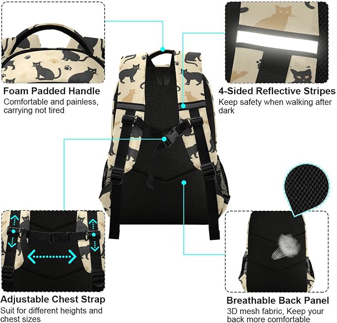 MNSRUU Laptop Backpack with Chest Strap, Cute Cat School Backpack, Travel Hiking Backpack for Boys Girls Teen Adult, Rucksack, Knapsack