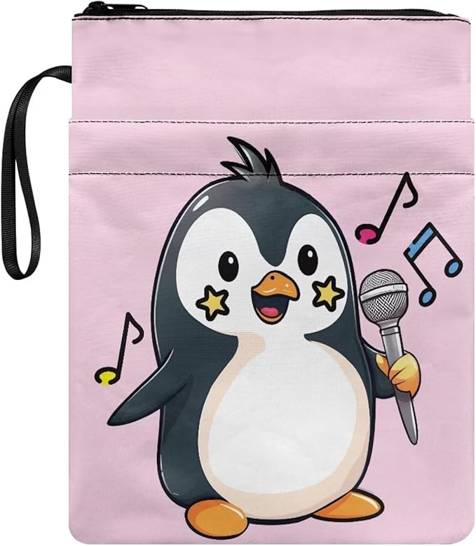 COEQINE Singing Penguin Book Covers for Paperbacks 9x11 Teens Girls Book Sleeves Pink Book Sleeves for Book Lovers Portable Chain Front Pocket