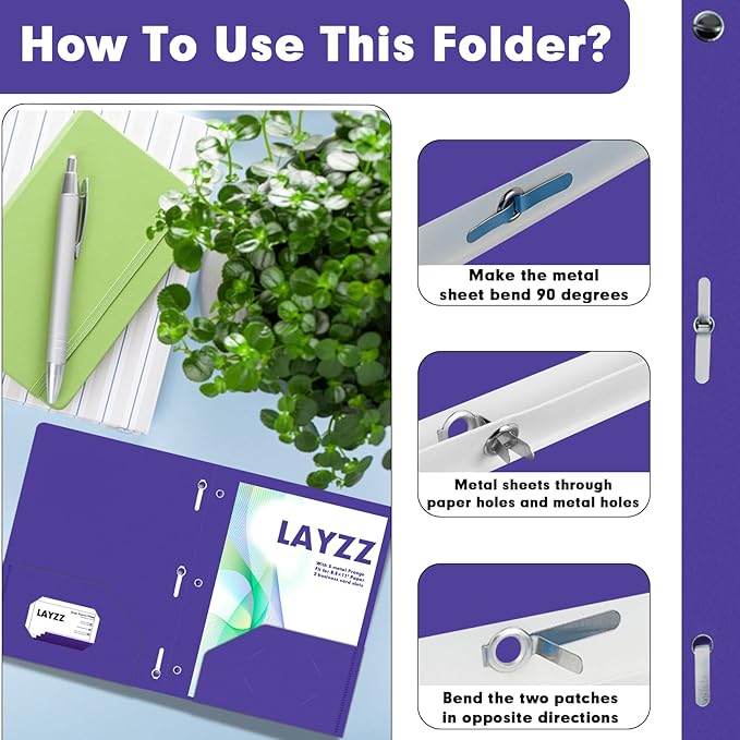 Plastic 2 Pocket Folders with Prongs, 30 Pack, Heavyweight, Letter Size Poly Folders with 3 Metal Prongs Fastener Clips (Purple)