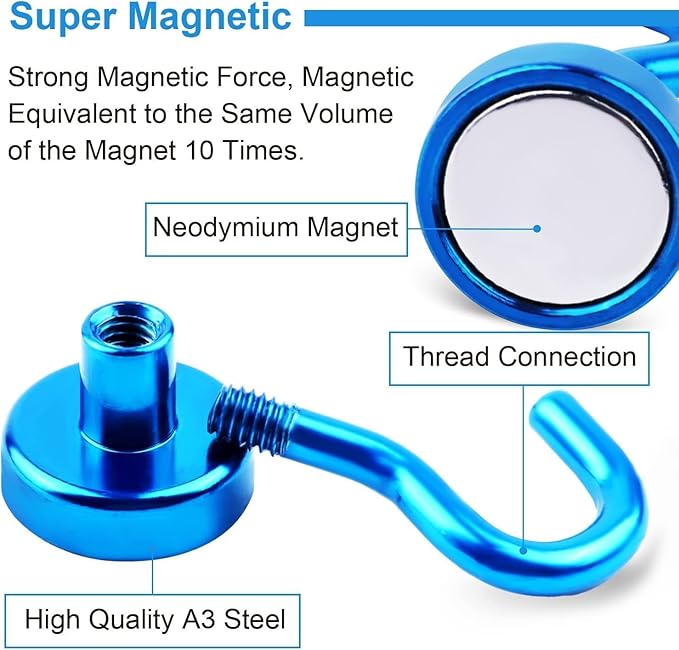 DIYMAG Blue Magnetic Hooks, 150 LB Heavy Duty Strong Magnets with Hooks, Strong Rare Earth Neodymium Magnet Magnetic Hooks for Cruise Cabins Cruise Ship Essentials 20 Packs