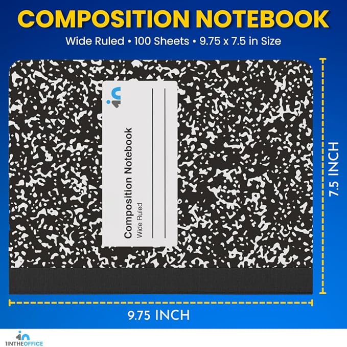 1InTheOffice Marble Composition Notebook, Wide Ruled Composition Notebook, 9.75" x 7.5", Black Marble Cover, 100 Sheets/Pack (12)