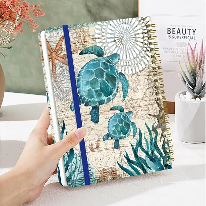 Spiral Notebook - A5 Spiral Notebooks, 8.3'' × 5.8'', 160 Pages, Aesthetic Journaling Notebooks for Women, College Lined Notebook with Elastic Closure, Back Pocket, for School Office, Two Turtle