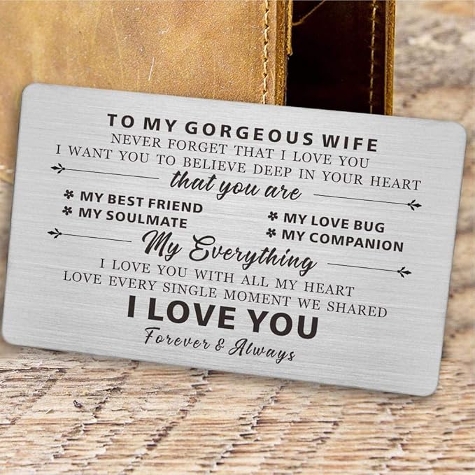 Resdink To My Gorgeous Wife Gifts, Engraved Wallet Cards for wife, Love Gifts for Wife, Anniversary Present Card for Wife Her, I Love You With All My Heart, Wife Gift from Husband