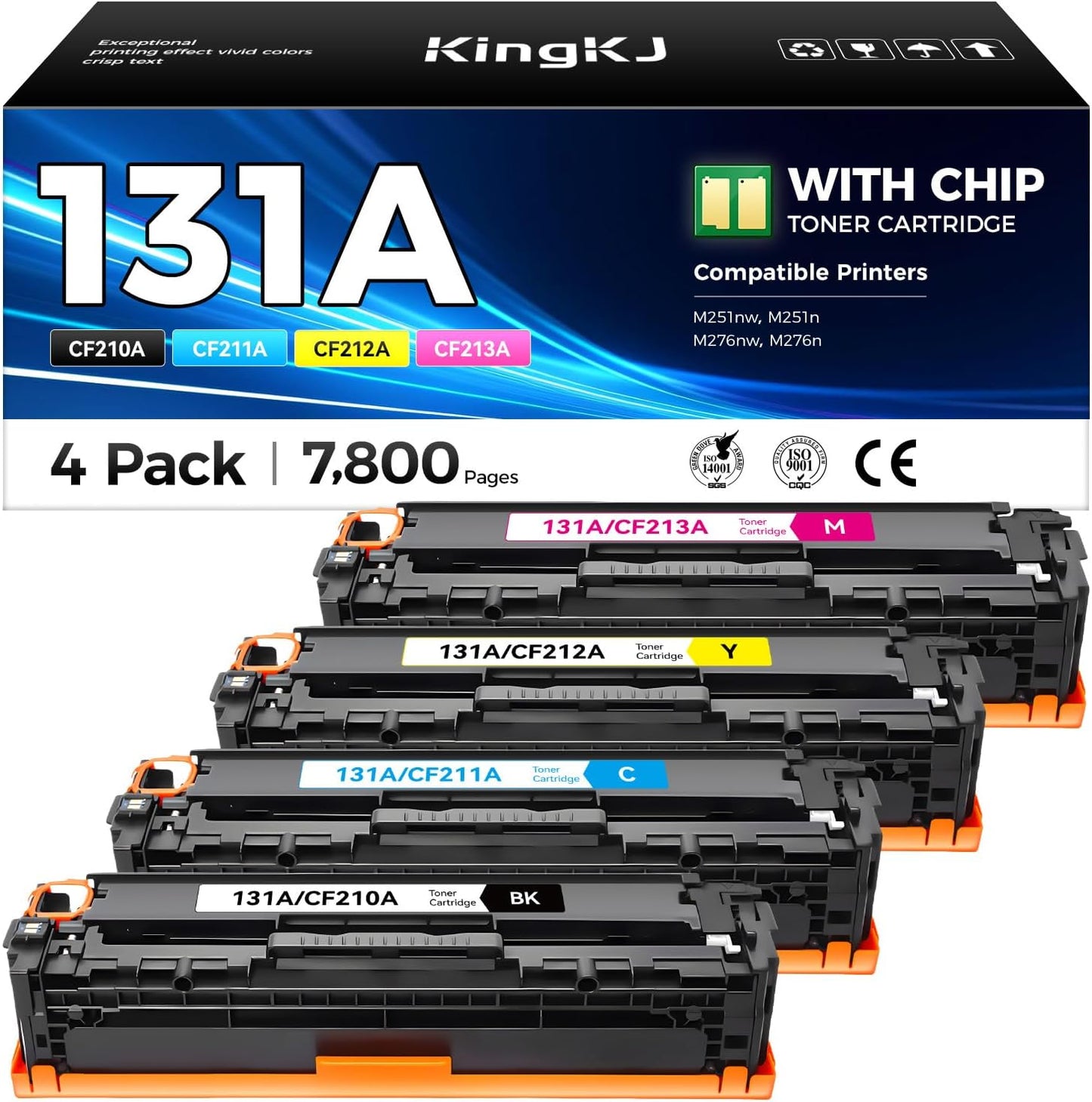 131A 131X High Yield Toner Cartridge 4-Pack Black Cyan Yellow Magenta Replacement for HP 131A CF210A CF211A CF212A CF213A Compatible for HP LaserJet Pro 200 color MFP M276nw M276n M251nw M251n Printer