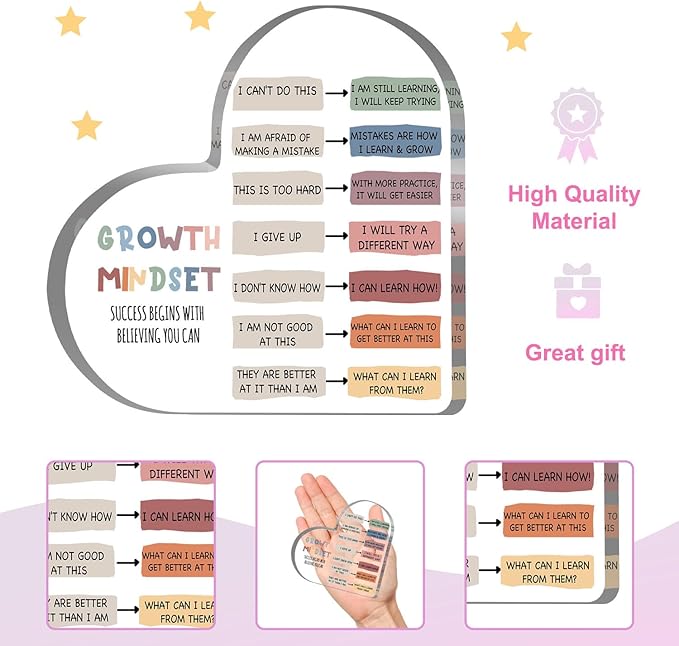 Growth Mindset Decor, Mental Health Therapy Office Classroom Art Educational Acrylic Heart Inspirational Gift Change Your Mindset Decorations Positive Sayings Gifts for Teacher Students School