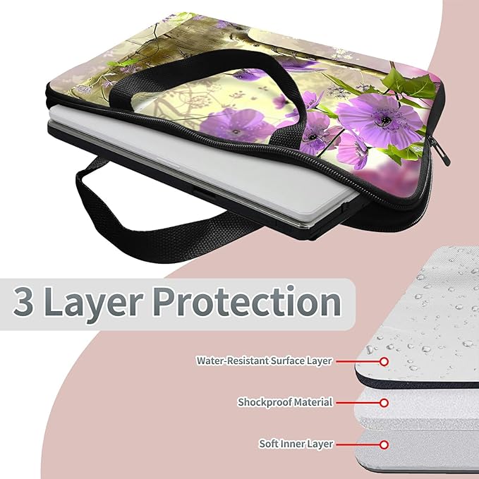 Universal Laptop Sleeve Tablet Case 12 inch, Purple Florals Hummingbird Slim Carrying Case Durable Handbag Travel Laptop Bag for Surface Pro 9 8 7/Laptop Go 2 3, MacBook Air 11/12